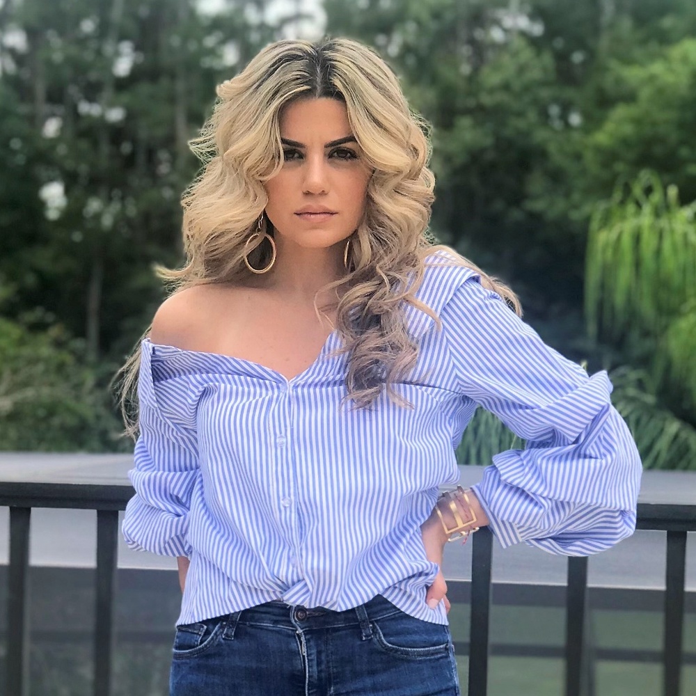 Striped, Off Shoulder Button Up Shirt - Picture 2 of 10